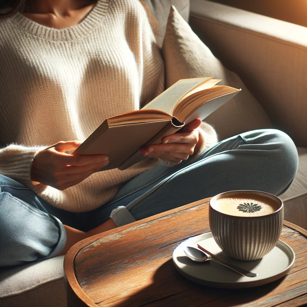 Woman on couch reading a book with a cup of hot chocolate next to her