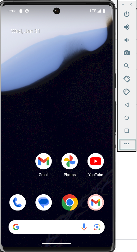 extended menu in android emulator