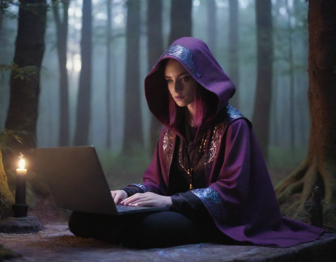 image of sorceress with a laptop in the middle of a forest at twilight